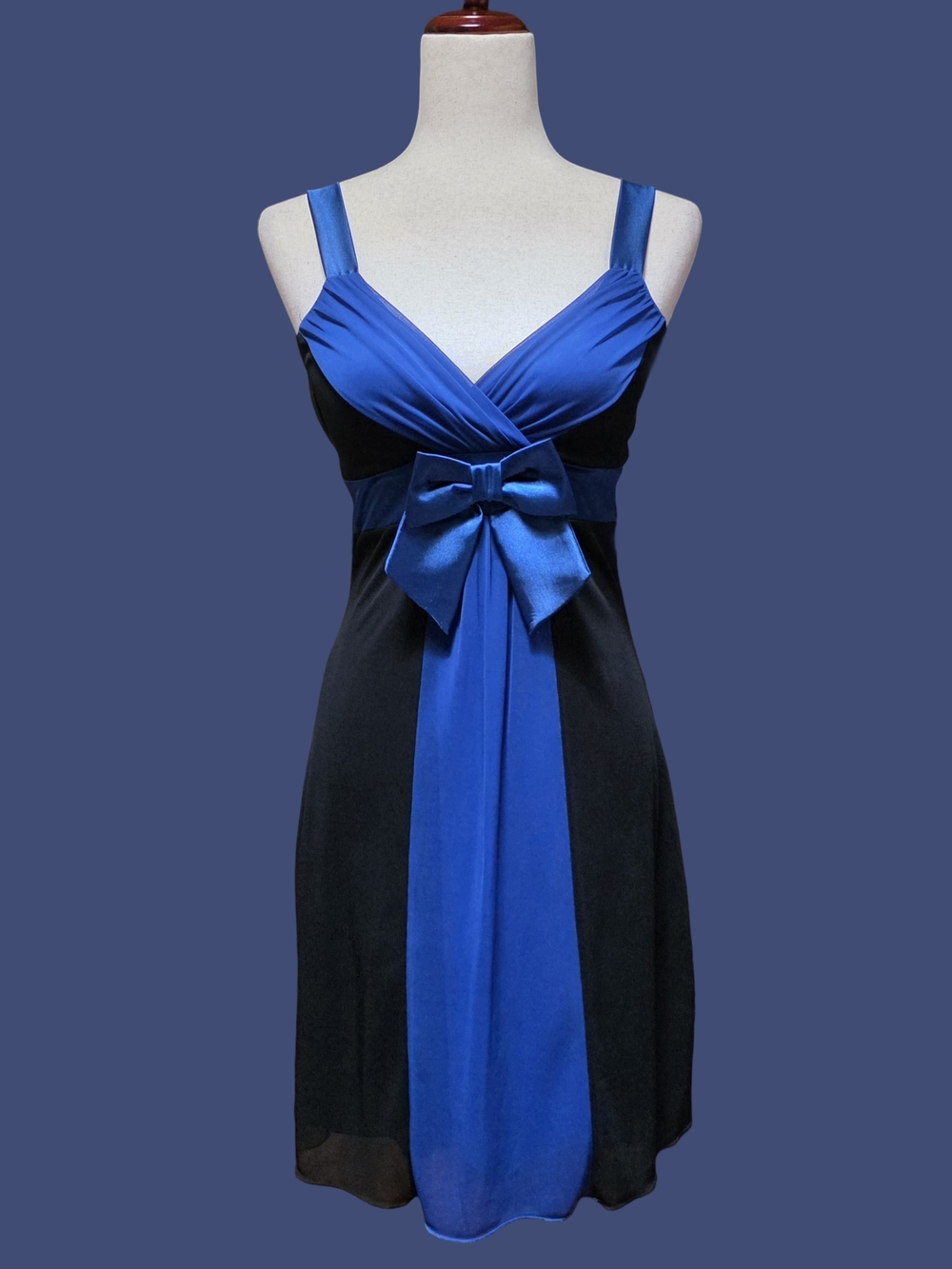 Vintage 90s Y2K Taboo Blue & Black Sleeveless Bow Formal Mini Dress